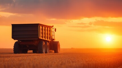 Fototapeta premium Agriculture robot assist, Tractor in a field during a vibrant sunset.