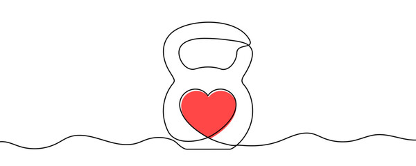 Classic kettlebell with a red heart in the center. Drawing in one line art style with editable black stroke on a white background. Vector illustration, sport and cardio training concept.