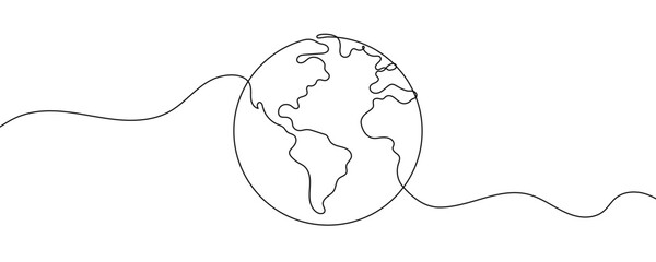 Planet Earth in one line art style. Drawing with editable black stroke on a white background. Vector illustration, ecology concept.
