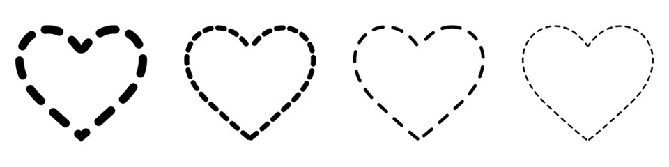 Heart icon. Symbol of love: dashed outline lines. Four style variations. Vector illustration.
