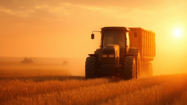 Agriculture robot assist, Tractor working in a golden field during sunset.
