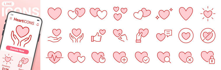 Valentine day line icon set. Heart romantic shape, love, passion, relationship, charity giving minimal vector illustrations. Simple outline signs for social media. Filled pink color. Editable Stroke