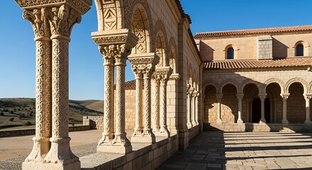 Obraz premium Ancient Monastery Architecture with Ornate Columns and Arches.