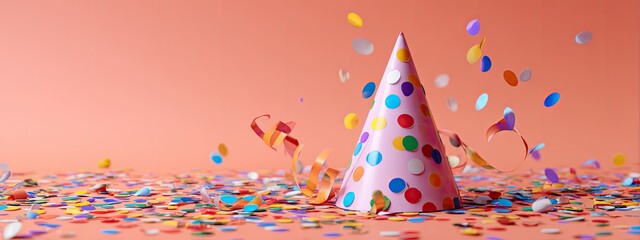 a festive party setting with confetti in mid air against a pink background. a single birthday cake, adorned with a candle and surrounded by colorful sprinkles, is centrally located in the foreground