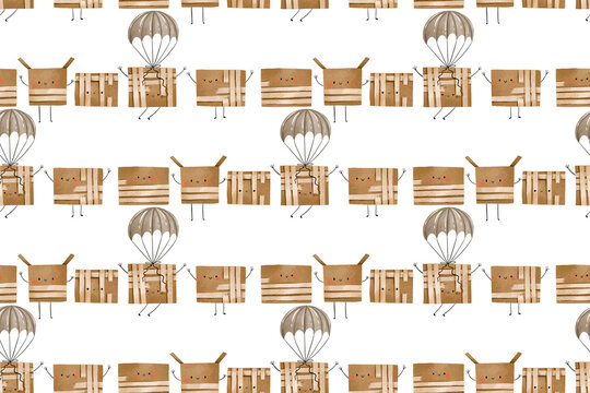 Simple striped Seamless pattern Cartoon cardboard box, cute parcel on parachute hand drawn cartoon illustration. Delivery parcel scandinavian kids pattern. Postal background Delivery design