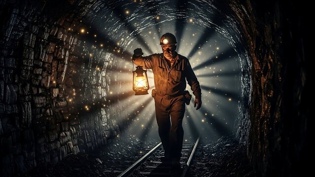 Man walking through dark tunnel with lantern.