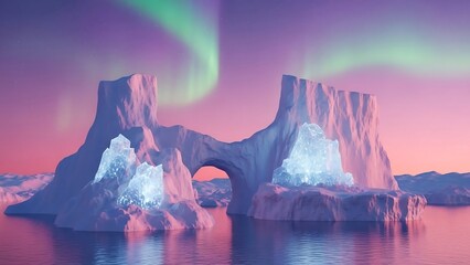Iceberg formations under aurora borealis display.