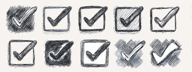 a collection of black and white checkmarks arranged in different styles across the frame