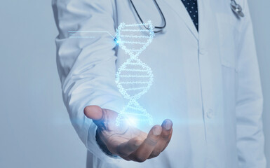 Cropped of african american medical doctor genetic holding 3D model of DNA chain in his hand, grey...