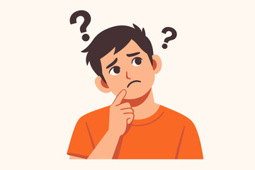 Confused young man with question marks in thoughtful pose