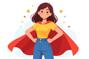 Confident girl in red cape and jeans embracing power with smile