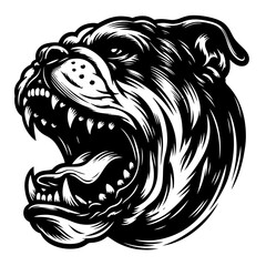 Aggressive roaring bulldog head with sharp teeth in black and white