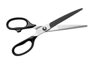 Open silver scissors with black handles isolated on a transparent background