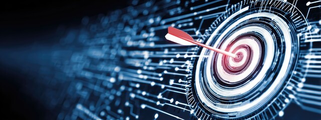 an abstract concept of aiming for a target with a visual metaphor. it features a central graphic of a dartboard with concentric circles radiating from the center, symbolizing a bullseye