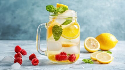 Fototapeta premium Refreshing Lemonade with Raspberries and Mint in Mason Jar