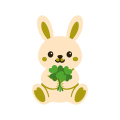 A charming cartoon rabbit holding a vibrant bouquet of lucky green clovers with a sweet smile