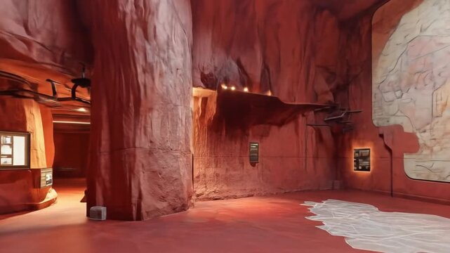 Interior cave structure with projected map and display screens