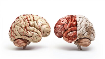CTE & RHI Awareness Day: side-by-side scientific comparison illustration of healthy brain versus CTE-affected brain, detailed anatomical accuracy, ventricles and tissue degeneration clearly visible