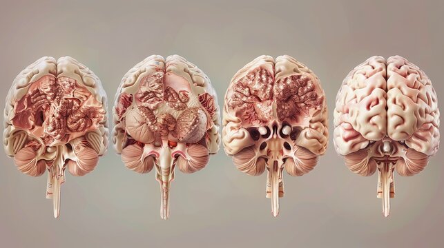 CTE & RHI Awareness Day: medical illustration series showing four stages of CTE progression, coronal brain sections, increasing tau pathology from stage I to IV, color-coded severity scale