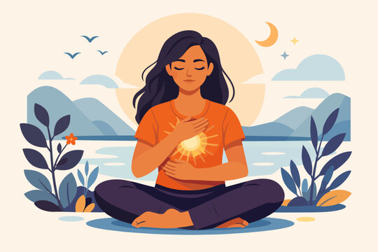 Serene woman meditating by a lake at sunset with mountains and nature in background