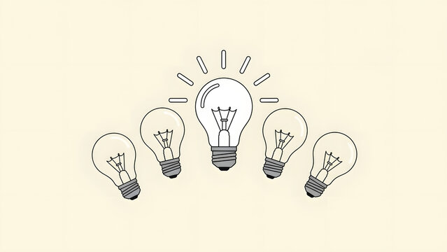 Creative business leadership and digital innovation concept with a glowing lightbulb standing out from a group of bulbs representing startup success and smart technology ideas