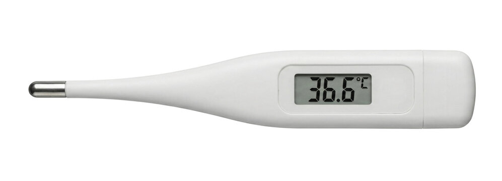 White digital medical thermometer showing 36.6. Healthcare instrument.