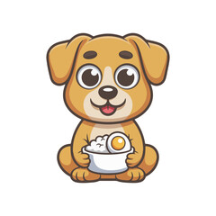 Cute cartoon puppy holding a bowl of delicious rice with a fried egg