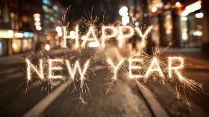 a nighttime photo captures a city street where sparklers spell out "happy new year" on a dark background