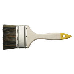 Paint brush with wooden handle and yellow tip metal ferrule isolated on a transparent background