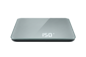 Digital kitchen scale showing 150 grams. Cooking measurement tool.