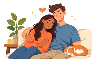 Cozy couple relaxing on sofa with cat and warm coffee in minimalist living room setting