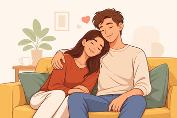 Obraz premium Cozy couple relaxing on a sofa in modern living room with warm tones