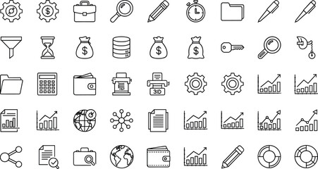Fototapeta premium Business and finance line icon set featuring analytics charts, office tools, money management, documents, strategy planning and performance tracking symbols