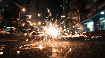this is a nighttime image featuring sparklers being ignited near a street with a dark background, creating an effect of bright dots against the darkness