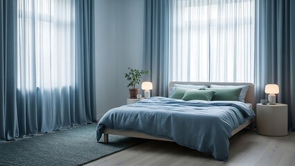 Fototapeta premium Modern bedroom interior with blue bedding.