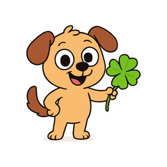 Happy cartoon dog holding a four-leaf clover, symbolizing good luck and fortune
