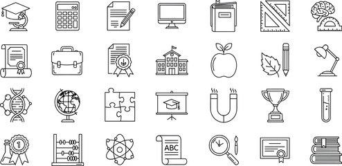 Education and learning line icon set featuring school supplies, academic symbols, science tools, graduation elements, knowledge development and study resources