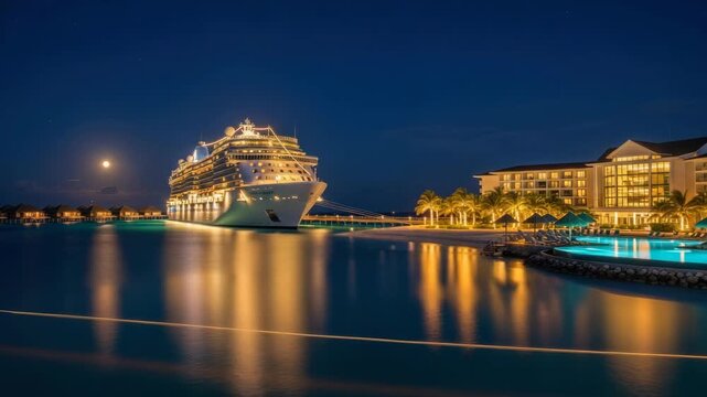 Cruise ship docked near hotel at night illuminated by lights