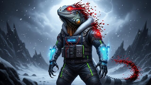 Lizard creature in futuristic space suit.