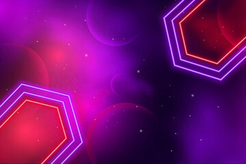 Abstract Space Background with Neon Glowing Hexagons and Vibrant Purple Planets in Deep Cosmic Galaxy