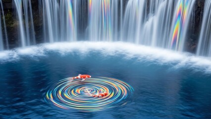 Waterfall with colorful ripples on surface.