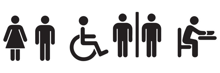 Collection of public restroom and bathroom signs for gender neutrality and accessibility featuring icons for men women accessible restroom shower and toilet facilities 