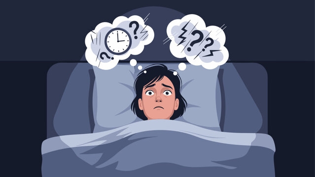 Anxious sleepless woman in bed with worrying thoughts at night