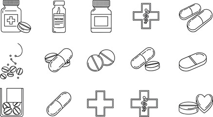 Medicine and pill line icon set featuring capsules, tablets, bottles, pharmacy symbols, healthcare treatment, dosage and medical care icons