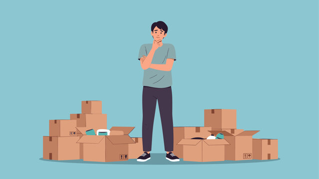 Thoughtful person contemplating move with cardboard boxes in minimalist style
