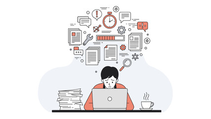 Overworked employee at laptop surrounded by office icons and tasks in flat design