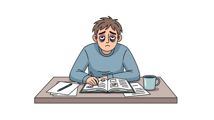 Plakat Exhausted student studying at desk with books and coffee in cartoon style