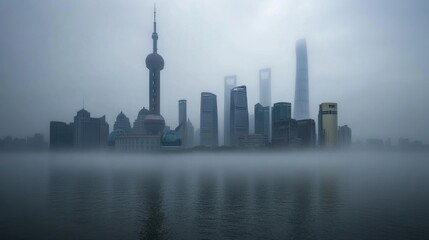Shanghai Skyline Enveloped in Fog: A Serene Urban Vista