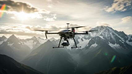 Drone flying over mountain range under cloudy sky aerial view