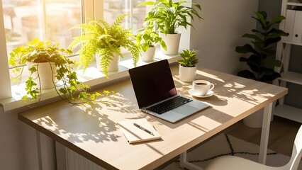 Cozy workspace with laptop and houseplants by a bright window